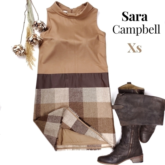 Sara Campbell Tan Beige Brown Colorblock Plaid Dress Sz  Xs - Picture 1 of 12